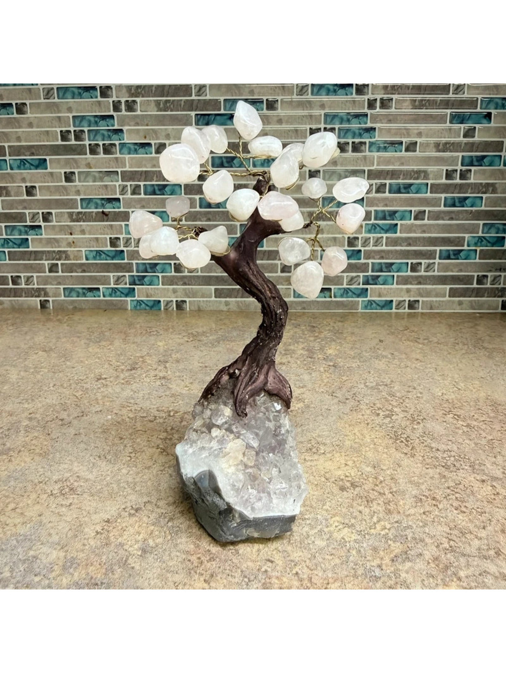 Rose Quartz Crystal Gemstone Bonsai Tree of Life Feng Shui Decor Amethyst Base